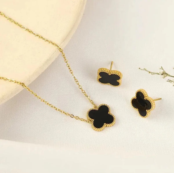 Four Leaf Clover Pendant With Ear Studs (Black) 2Pcs Set