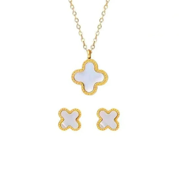 Four Leaf Clover 2 Sided Pendant With Ear Studs (White) 2Pcs Set